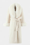 Lalie Long Belted Coat with Faux Fur Trim